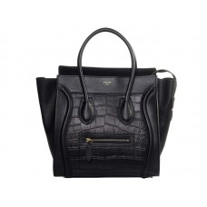 Celine Luggage Medium Tote In Calfskin Black With Croc Leather