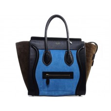 Celine Luggage Medium Tote In Calfskin Black/Suede Light Blue