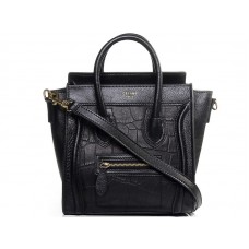 Celine Luggage Mini Tote In Calfskin Black With Black Croc Leather