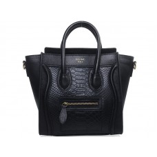 Celine Luggage Mini Tote In Calfskin Black With Black Snake Leather