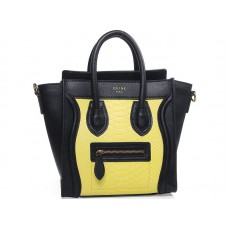 Celine Luggage Mini Tote In Calfskin Black With Yellow Snake Leather