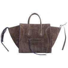 Celine Luggage Phantom Square Tote Bag Suede Leather Khaki With Blue