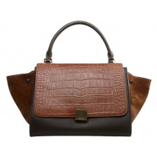 Celine Trapeze Shoulder Bag Multicolor Croc Leather Dark Brown/Khaki/Suede Brown