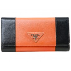 Prada Saffiano Leather Tri -Fold Wallet Black With Orange