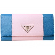 Prada Saffiano Leather Tri -Fold Wallet Blue With Pink