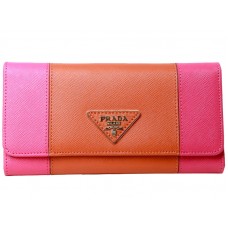 Prada Saffiano Leather Tri -Fold Wallet Hot Pink With Orange