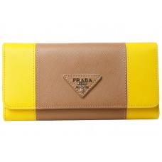 Prada Saffiano Leather Tri -Fold Wallet Yellow With Khaki