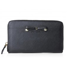 Prada Saffiano Zippy Wallet With Bow Detail Black