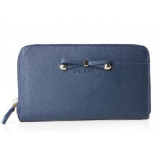 Prada Saffiano Zippy Wallet With Bow Detail Dark Blue