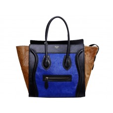 Celine Luggage Medium Tote In Calfskin Black / Pony Hair Blue