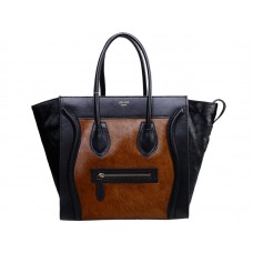 Celine Luggage Medium Tote In Calfskin Black / Pony Hair Brown