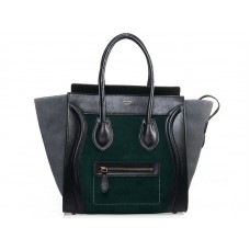 Celine Luggage Medium Tote In Calfskin Black /Suede Dark Green