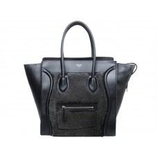 Celine Luggage Medium Tote In Calfskin Black /Wool Black