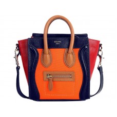 Celine Luggage Mini Tote In Calfskin Blue/ Canvas Orange