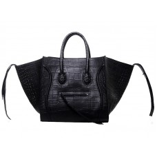 Celine Luggage Phantom Square Tote Bag Croc Leather Black