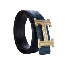 Hermes Crocodile Leather Gold H Buckle Belt With Diamond Dark Blue