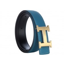 Hermes Togo Leather Belt With Gold H Buckle Blue