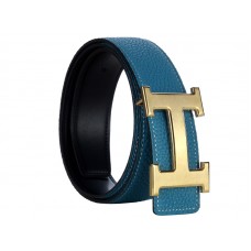 Hermes Togo Leather Belt With Gold H Buckle Blue/Black