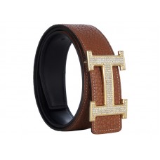 Hermes Togo Leather Gold H Buckle Belt With Diamond Mount Brown