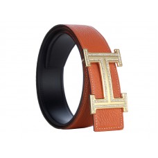 Hermes Togo Leather Gold H Buckle Belt With Diamond Mount Orange