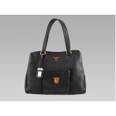 Prada Cowhide Medium Tote With Front Pocket Black