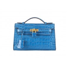 Hermes Matte Kelly Pochette Crocodile Blue Roi