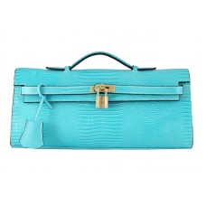 Hermes Kelly Pochette Longue Lizard Leather Blue