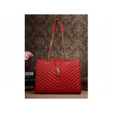 Yves Saint Laurent Classic Monogramme Shopping Bag In Lipstick Red Grain De Poudre Textured Matelasse Leather