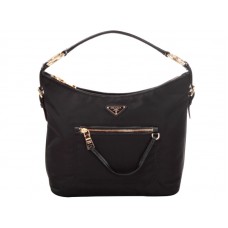 Prada Tessuto Nylon With Leather Trim Hobo Bag Black