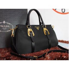 Prada Tessuto Nylon Soft Calf Leather Top Handle Bag Black