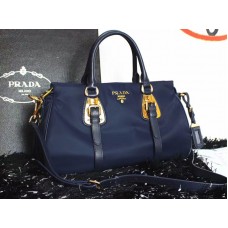 Prada Tessuto Nylon Soft Calf Leather Top Handle Bag Blue