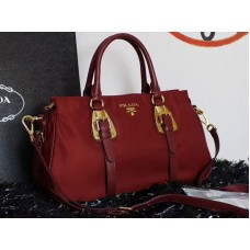 Prada Tessuto Nylon Soft Calf Leather Top Handle Bag Burgundy