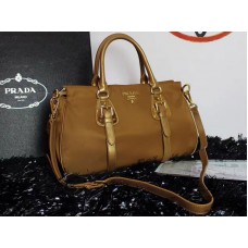 Prada Tessuto Nylon Soft Calf Leather Top Handle Bag Camel