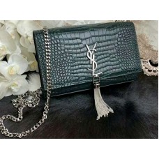 Saint Laurent Kate Medium With Tassel Crocodile Shiny Leather Green