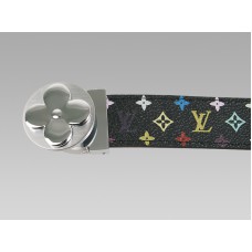 Louis Vuitton Black Multicolore Belt With Round Flower Silvery Buckle